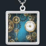 Collier Steampunk Arrière - plan turquoise avec Gears<br><div class="desc">Arrière - plan turquoise,  texturé,  steampunk avec des engrenages en laiton et or,  une clé en argent et l'horloge. Style Steampunk.</div>