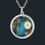 Collier Steampunk Arrière - plan turquoise avec Gears<br><div class="desc">Arrière - plan turquoise,  texturé,  steampunk avec des engrenages en laiton et or,  une clé en argent et l'horloge. Style Steampunk.</div>