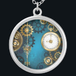 Collier Steampunk Arrière - plan turquoise avec Gears<br><div class="desc">Arrière - plan turquoise,  texturé,  steampunk avec des engrenages en laiton et or,  une clé en argent et l'horloge. Style Steampunk.</div>