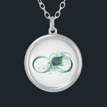 Collier Symbole d'infini avec plume de paon<br><div class="desc">Symbole de l'infini avec une plume de paon artistique,  verte et vive sur un arrière - plan blanc. Style tatouage.</div>