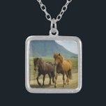 Collier Une paire de poneys islandais Brown<br><div class="desc">Une capture photo totalement mignonne et adorable de 2 poneys islandais traversant un chemin de terre. L'une est une baie et l'autre est couleur châtaignier. Leurs manes magnifiques soufflant dans le vent. Un beau paysage de montagne peut être vu dans l'arrière - plan et ajoute un sentiment d'émerveillement à cette...</div>