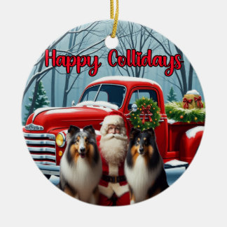 Collies, Père Noël, Ornement de Camion Rouge