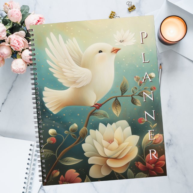 Colombe blanche élégante et paisible & floral  (Monthly undated planner with calming botanical artwork, office supplies that inspire serenity.)