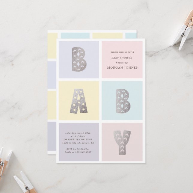Color Block Pastel Silver Baby shower Invitation (Devant/Arrière en situation)