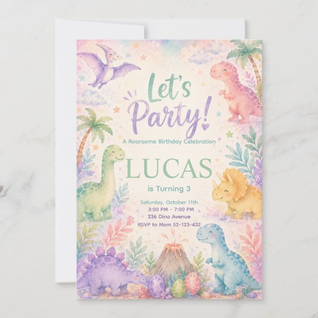 Color Dinosaur Birthday Invitation Editable (Devant)