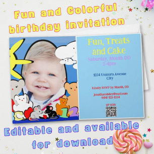 Coloré 1 Photo 1er Anniversaire Invitation