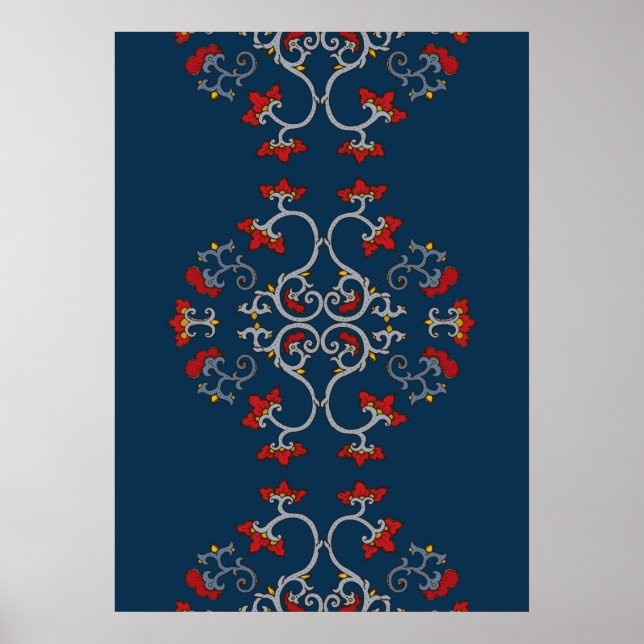 Coloré Ornament Motif Bleu foncé Poster (Devant)
