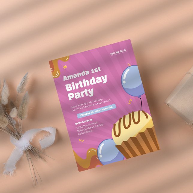 Coloré rose 1er anniversaire Invitation (Créateur téléchargé)