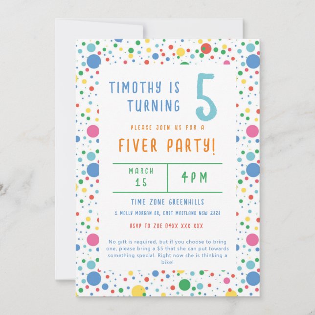 Colorée Pokadot Fiver fête Anniversaire Invitation (Devant)