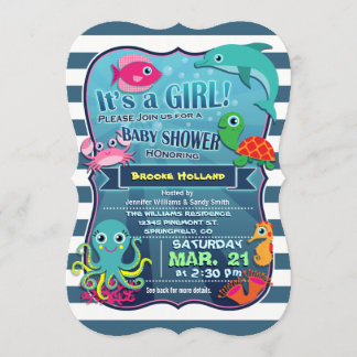 Colorée Sea Life Girl Baby shower Invitation