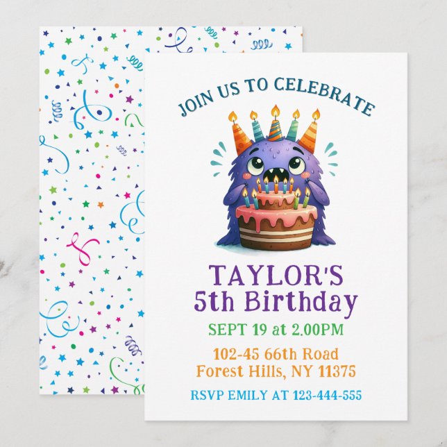 Colorful 5th Birthday Monster Party Invitation  (Devant / Derrière)