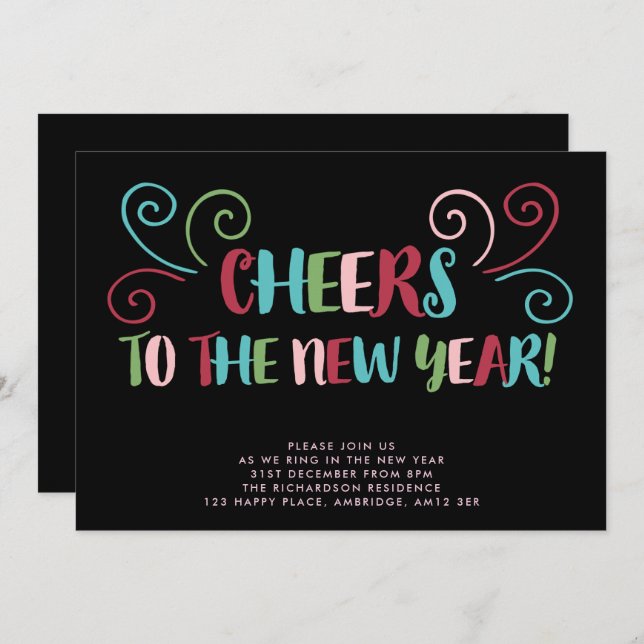Colorful Cheers New Year's Eve Party Invitation (Devant / Derrière)
