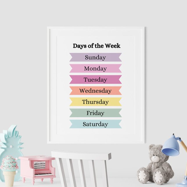 Colorful Days of the Week Affiche éducative (Colorful Days of the Week Educational Poster on the wall in white frame.)