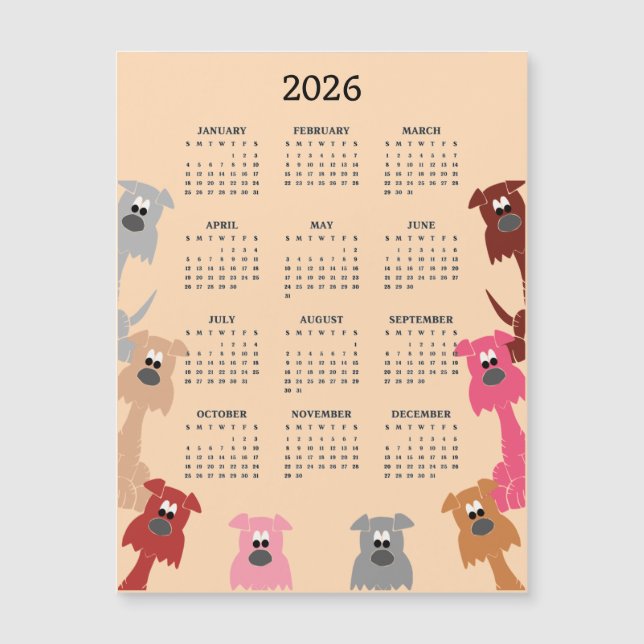 Colorful Dogs 2026 Calendar Magnetic Card (Devant)