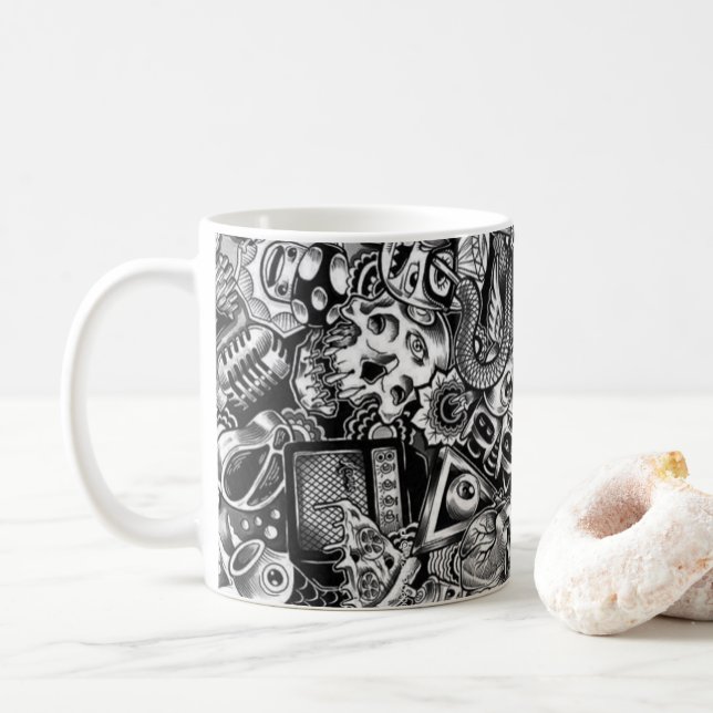 Colorful Doodle Pattern Coffee Mug | Cute Cartoon  (Avec donut)