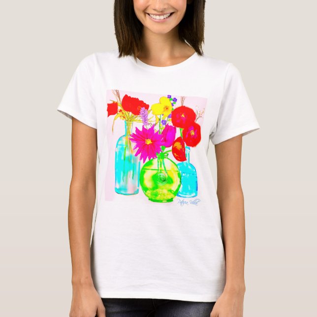 Colorful Flowers in Bottles on T-Shirt (Devant)