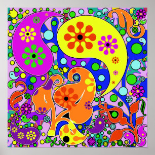 Colorful Funky Flowers Retro Paisley Hippie Poster