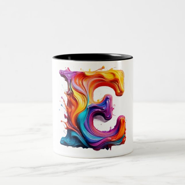 Colorful Liquid Letter "E" Mug – Vibrant 3D Paint  (Centre)