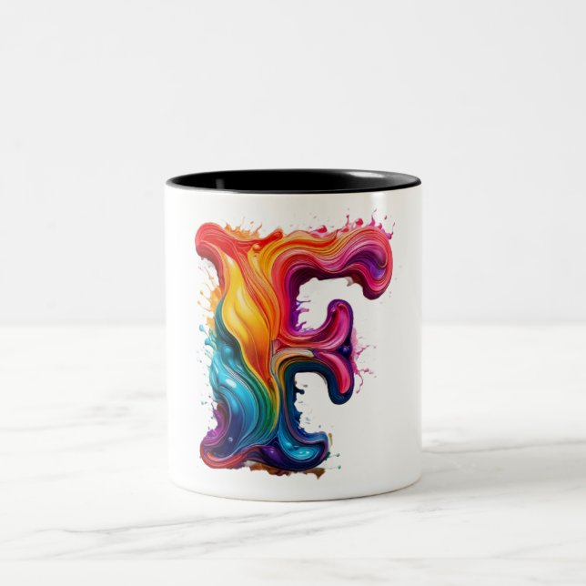 Colorful Liquid Letter "F" Mug – Vibrant 3D Paint  (Centre)