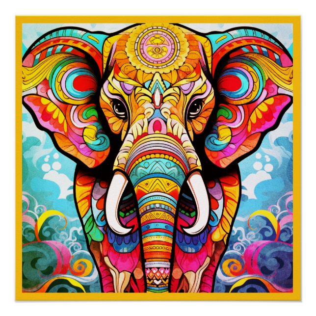 Colorful Mosaic Elephant on a Glossy Wall Poster (Devant)