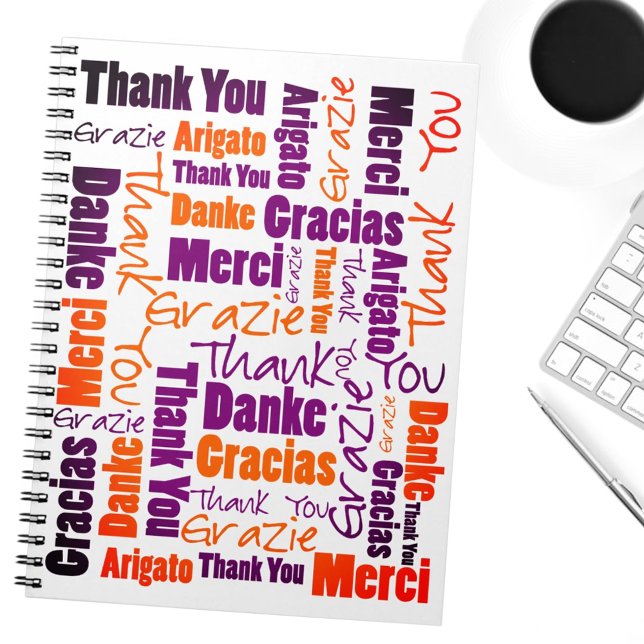 Colorful Multilingua Merci Gratitude Journal (multilingual word cloud notebook cover)