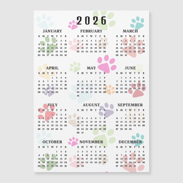 Colorful Paw Prints 2026 Calendar Magnetic Card (Devant)