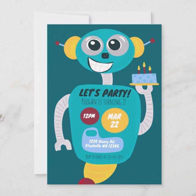 Colorful Robot Boys Second Birthday Invitation (Devant)
