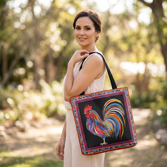 Colorful Rooster Tote Bag with Vibrant Art and Geo (Créateur téléchargé)
