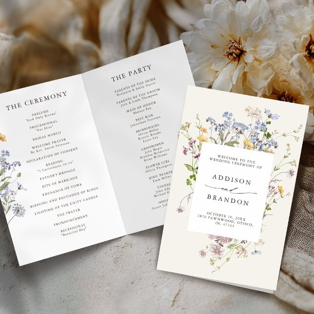 Colorful Spring Fleur sauvage Meadow Wedding Progr (Colorful Spring Wildflower Meadow Folded Wedding Program card)