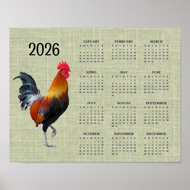 Colorful Strutting Rooster 2026 Calendar Poster (Devant)