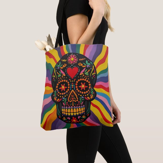 Colorful Sugar Skull Tote Bag with Rainbow Design (De près)