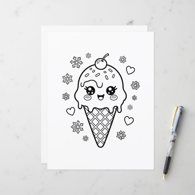 Coloriage cône de glace mignon kawaii (Devant/Arrière en situation)