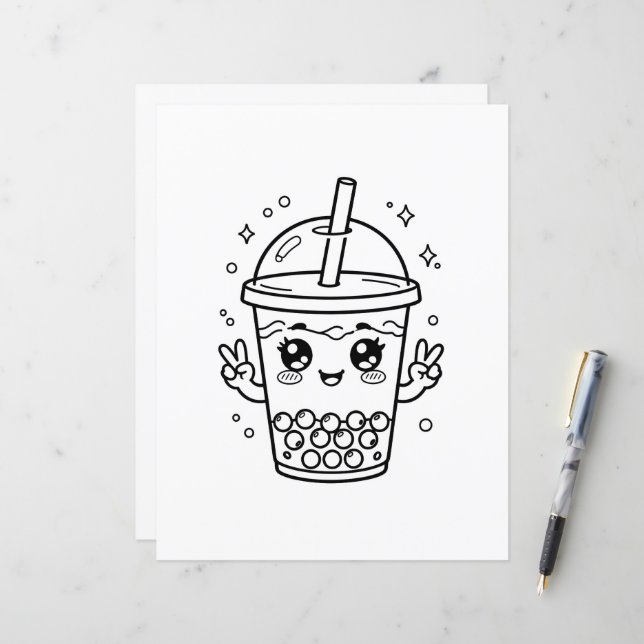 Coloriage kawaii de thé aux perles (Devant/Arrière en situation)