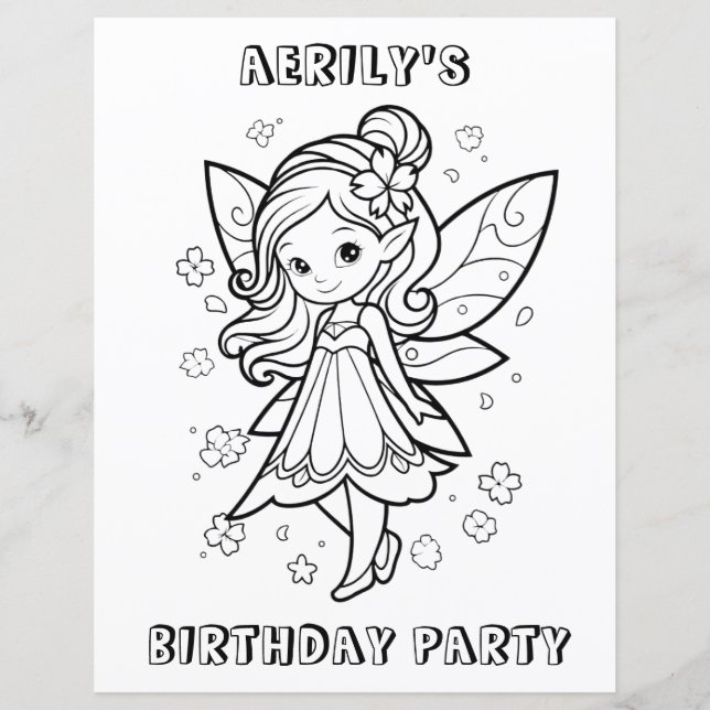 Coloring book fairy birthday party activity page  (Devant)