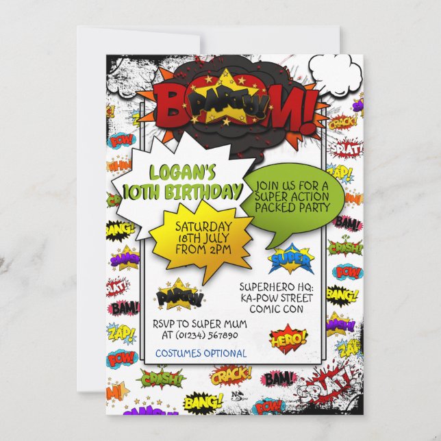 Comic Style Action Words Invitations de parties (Devant)