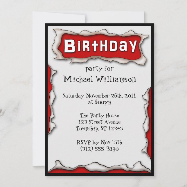 Comic Torn Papier rouge Invitations d'anniversaire (Devant)