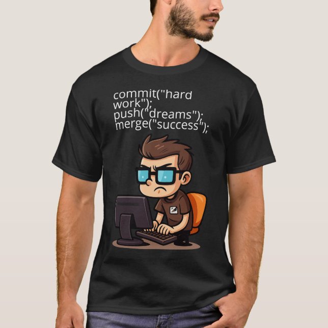 Commit, Push, Merge – Programmer T-Shirt (Devant)