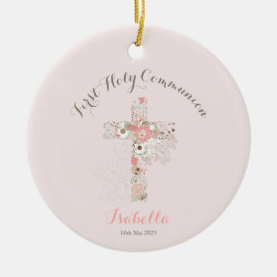Communion rose floral croix céramique ornement