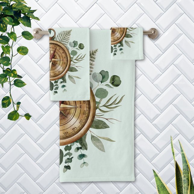 Compas de feuilles tropicales vertes à l'aquarelle (In situ bathroom wall)