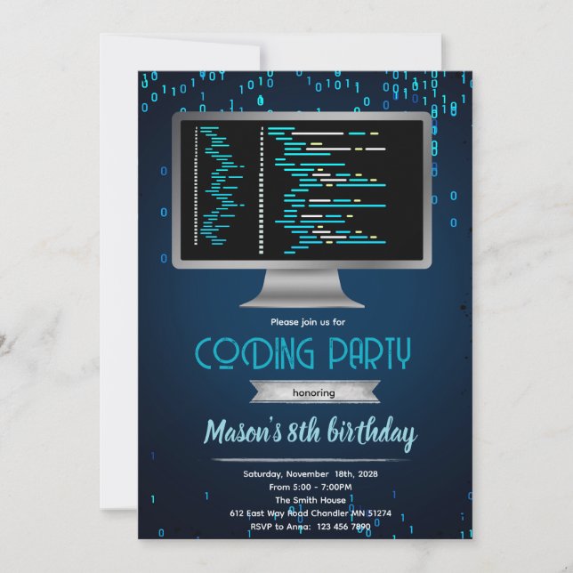 Computer coding birthday party invitation (Devant)