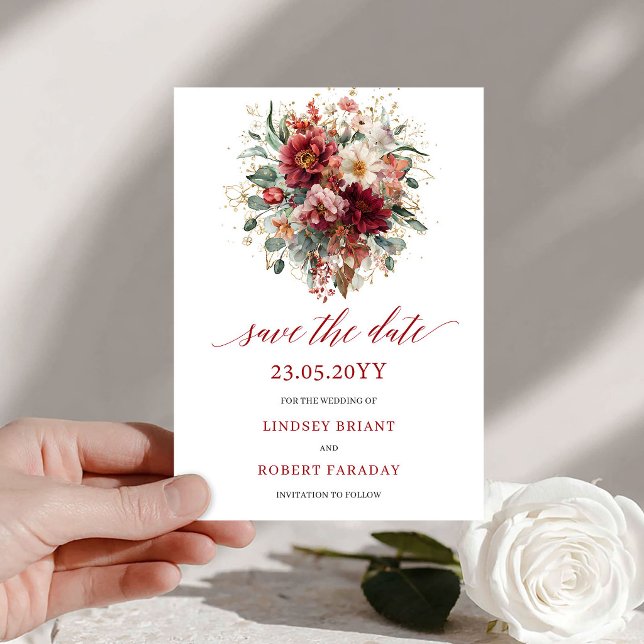 Conception de carte de sauvegarde de date de Bourg (Burgundy Fall Marsala Gold Save The Date Design

)