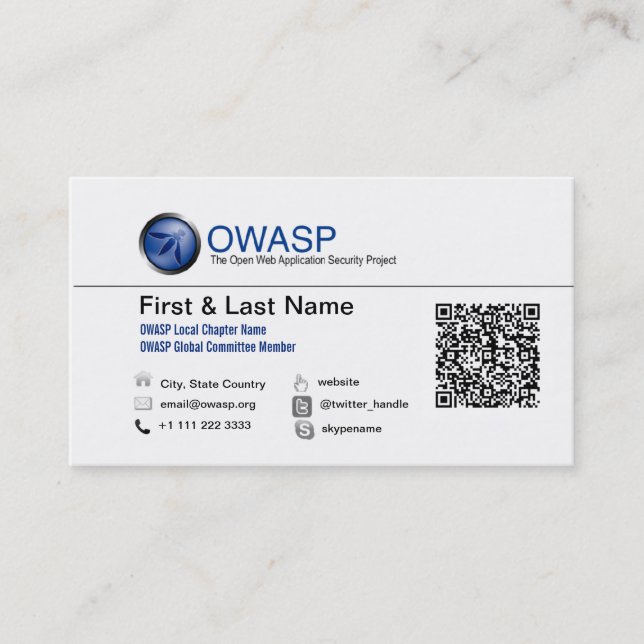 Conception de carte de visite d'OWASP 1 avec QRC (Devant)