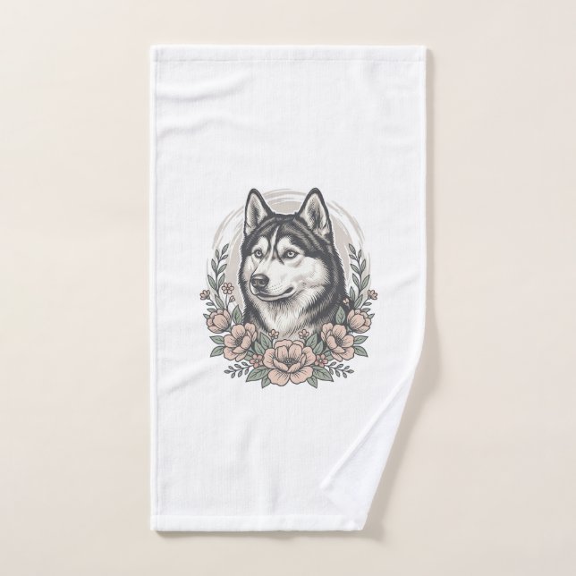 Conception de chemise de portrait floral Husky vin (Serviette à main)