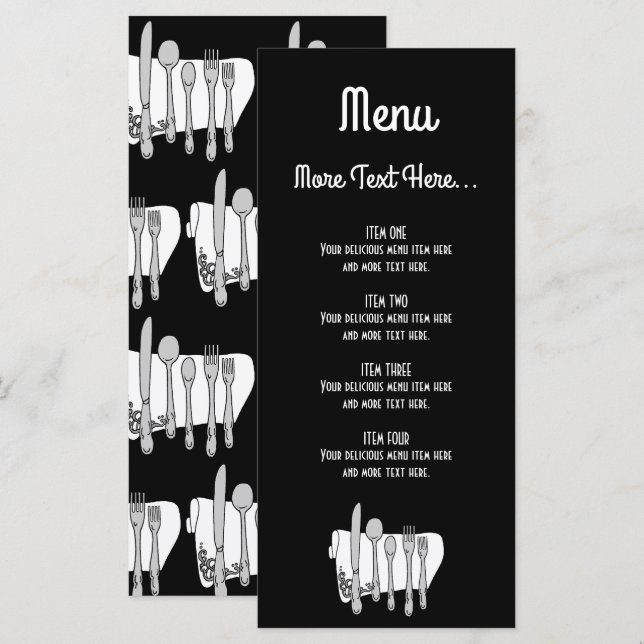 Conception de couverts en noir et blanc Menu 4x9 p (Devant / Derrière)