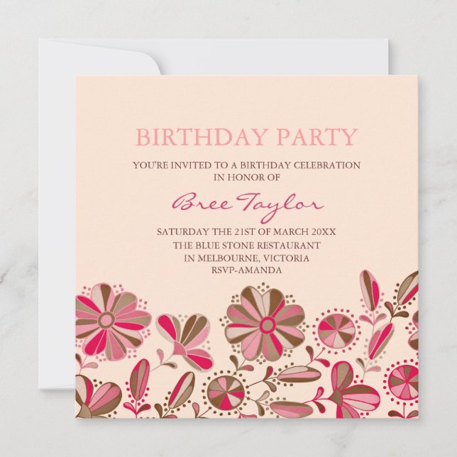 Conception de Fleur Rose Retro Invitation Annivers (Devant)