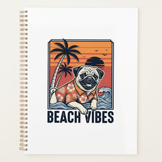 Conception de gravure vintage pug ambiance plage_1 (Devant)