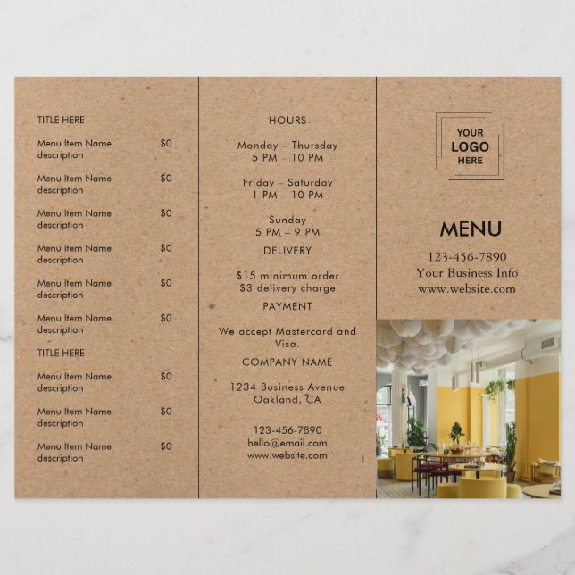 Conception de menu à emporter pour restaurant Rust (Devant)