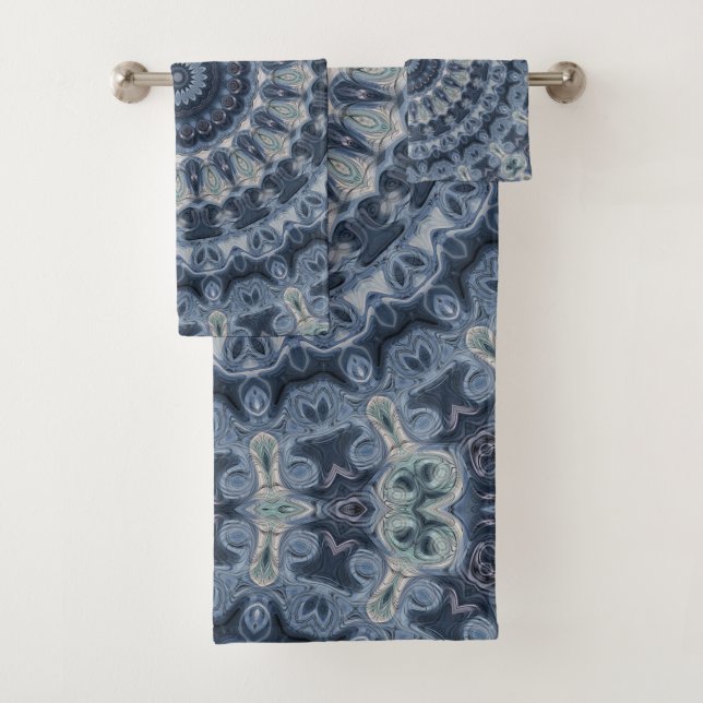 Conception de motif mandala bleu et argenté (En situation)