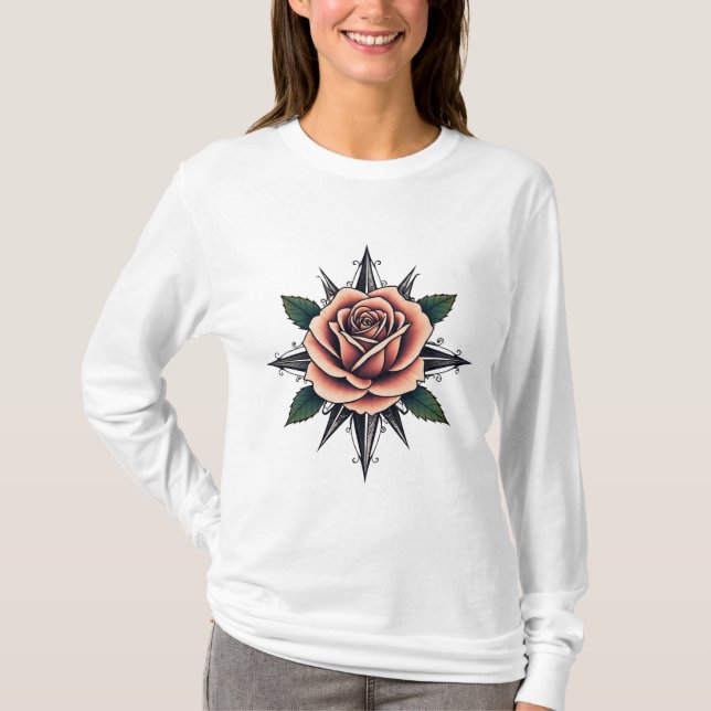 Conception de T-Shirt Boussole Rose de Style Tatou (Devant)