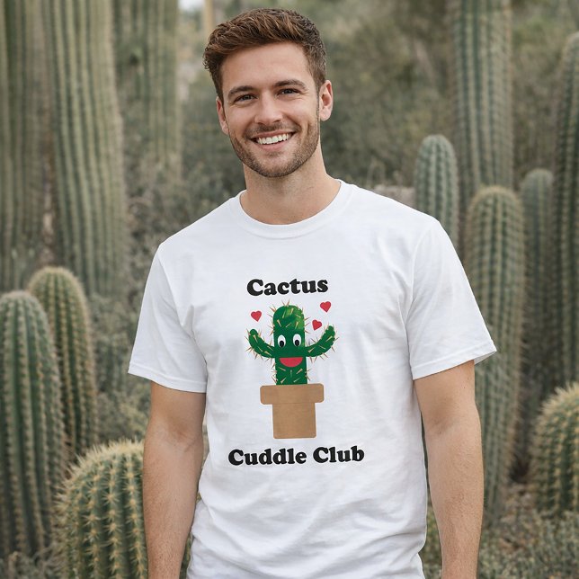 Conception de T-shirt Club de Câlins de Cactus Mig (A shirt with a fun kawaii cactus and the text cactus cuddle club.)